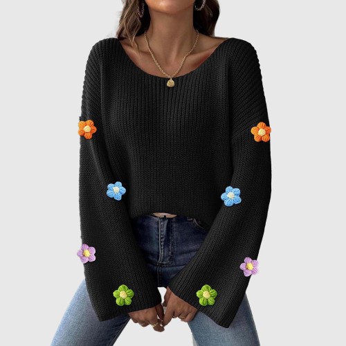 Hand-knitted flower-patterned patchwork sweater off-the-shoulder flared sleeve sweater casual loose-fitting knitted sweater