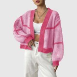 Women's cardigan sweater color-blocked short-sleeved sweater casual loose-knit sweater