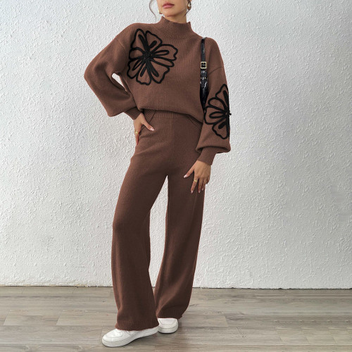 Lace embroidered lantern sleeve pullover sweater autumn wide-leg casual pants straight-leg pants pullover sweater set loose casual sweater