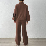 Lace embroidered lantern sleeve pullover sweater autumn wide-leg casual pants straight-leg pants pullover sweater set loose casual sweater