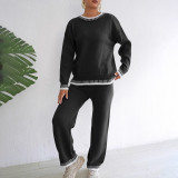 Women's machine-woven set sweater fall/winter casual color-matched patchwork sweater pullover top + straight-leg wide-leg pants set sweater