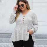 Big size baby dress V-neck sweater lantern sleeve plaid fleece sweater golden button loose casual sweater