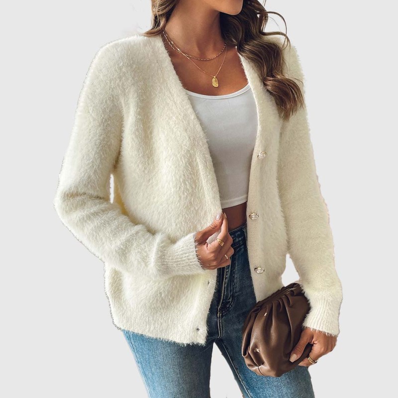 Women's faux mink coat-style sweater fall/winter style pearl-button cardigan sweater loose and casual sweater