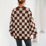 Women's wool cardigan sweater color-blocked checkered sweater loose and casual sweater