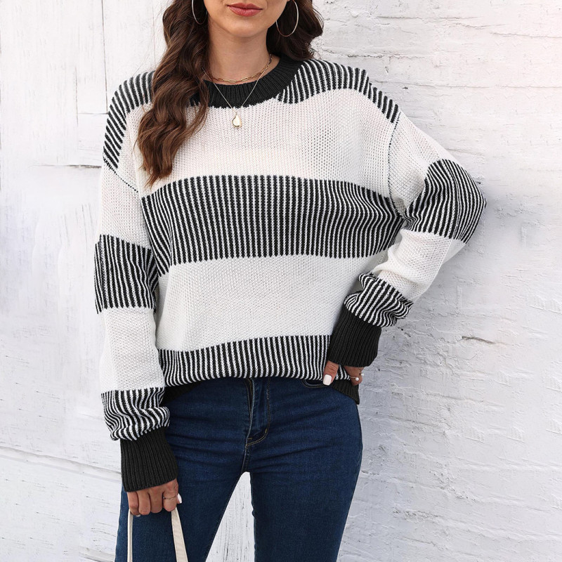 Color-blocked striped knitted sweater loose-fitting pullover sweater casual long-sleeved sweater