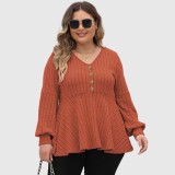 Big size baby dress V-neck sweater lantern sleeve plaid fleece sweater golden button loose casual sweater