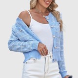 Plaid knitted cardigan sweater fashionable pearl-buttoned sweater short-sleeved casual sweater