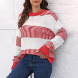 Color-blocked striped knitted sweater loose-fitting pullover sweater casual long-sleeved sweater