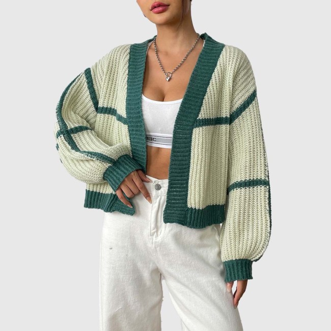 Women's cardigan sweater color-blocked short-sleeved sweater casual loose-knit sweater
