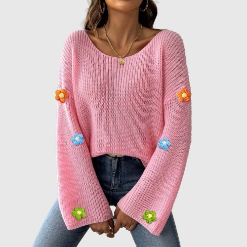 Hand-knitted flower-patterned patchwork sweater off-the-shoulder flared sleeve sweater casual loose-fitting knitted sweater