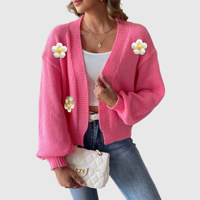 Hooked flower patchwork knitted sweater loose cardigan sweater casual long-sleeved sweater