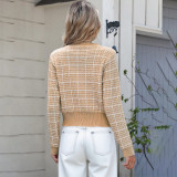 Plaid knitted cardigan sweater fashionable pearl-buttoned sweater short-sleeved casual sweater