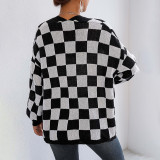 Women's wool cardigan sweater color-blocked checkered sweater loose and casual sweater