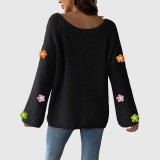 Hand-knitted flower-patterned patchwork sweater off-the-shoulder flared sleeve sweater casual loose-fitting knitted sweater
