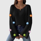 Hand-knitted flower-patterned patchwork sweater off-the-shoulder flared sleeve sweater casual loose-fitting knitted sweater