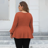 Big size baby dress V-neck sweater lantern sleeve plaid fleece sweater golden button loose casual sweater