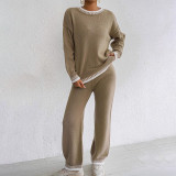 Women's machine-woven set sweater fall/winter casual color-matched patchwork sweater pullover top + straight-leg wide-leg pants set sweater