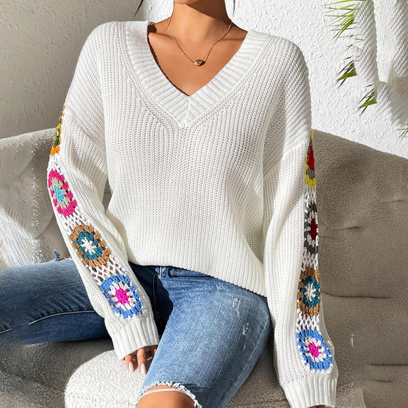 Autumn and winter hand-knitted flower-patterned patchwork sweater V-neck pullover sweater relaxed and casual sweater