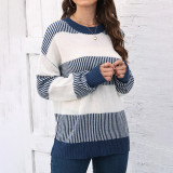 Color-blocked striped knitted sweater loose-fitting pullover sweater casual long-sleeved sweater