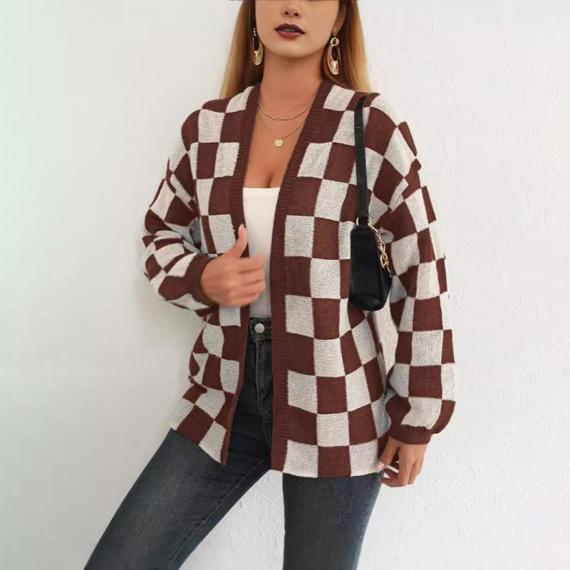 Women's wool cardigan sweater color-blocked checkered sweater loose and casual sweater