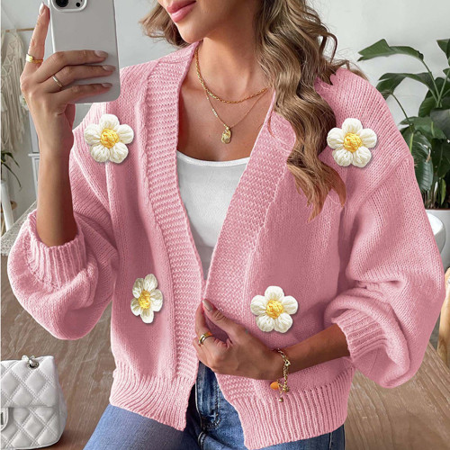 Hooked flower patchwork knitted sweater loose cardigan sweater casual long-sleeved sweater