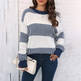 Color-blocked striped knitted sweater loose-fitting pullover sweater casual long-sleeved sweater