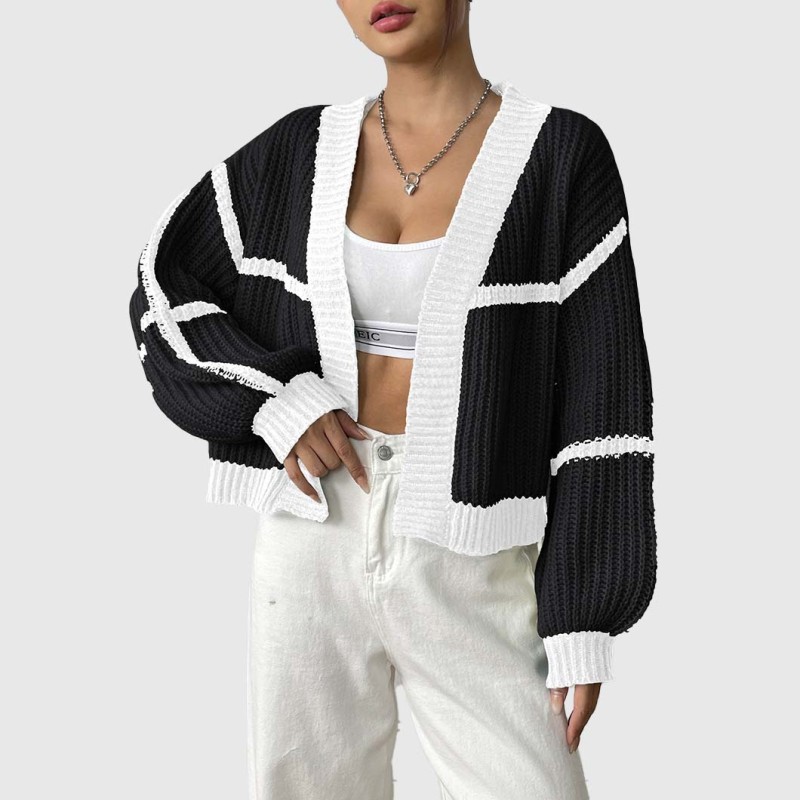 Women's cardigan sweater color-blocked short-sleeved sweater casual loose-knit sweater