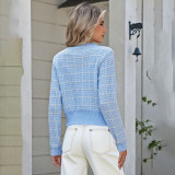 Plaid knitted cardigan sweater fashionable pearl-buttoned sweater short-sleeved casual sweater