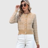 Plaid knitted cardigan sweater fashionable pearl-buttoned sweater short-sleeved casual sweater