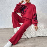 Lace embroidered lantern sleeve pullover sweater autumn wide-leg casual pants straight-leg pants pullover sweater set loose casual sweater