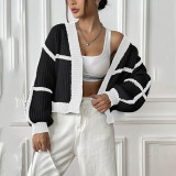 Women's cardigan sweater color-blocked short-sleeved sweater casual loose-knit sweater