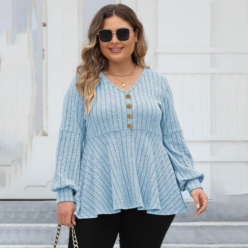 Big size baby dress V-neck sweater lantern sleeve plaid fleece sweater golden button loose casual sweater