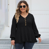 Big size baby dress V-neck sweater lantern sleeve plaid fleece sweater golden button loose casual sweater