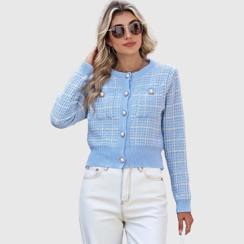 Plaid knitted cardigan sweater fashionable pearl-buttoned sweater short-sleeved casual sweater