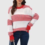 Color-blocked striped knitted sweater loose-fitting pullover sweater casual long-sleeved sweater