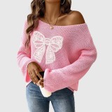 Autumn/Winter Bowknot Embroidered Patch Sweater College-style V-neck Pullover Sweater Sleeveless Flared Sleeve Sweater