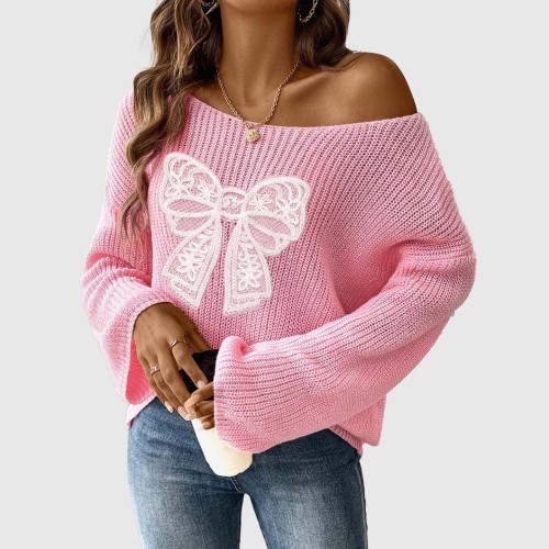 Autumn/Winter Bowknot Embroidered Patch Sweater College-style V-neck Pullover Sweater Sleeveless Flared Sleeve Sweater