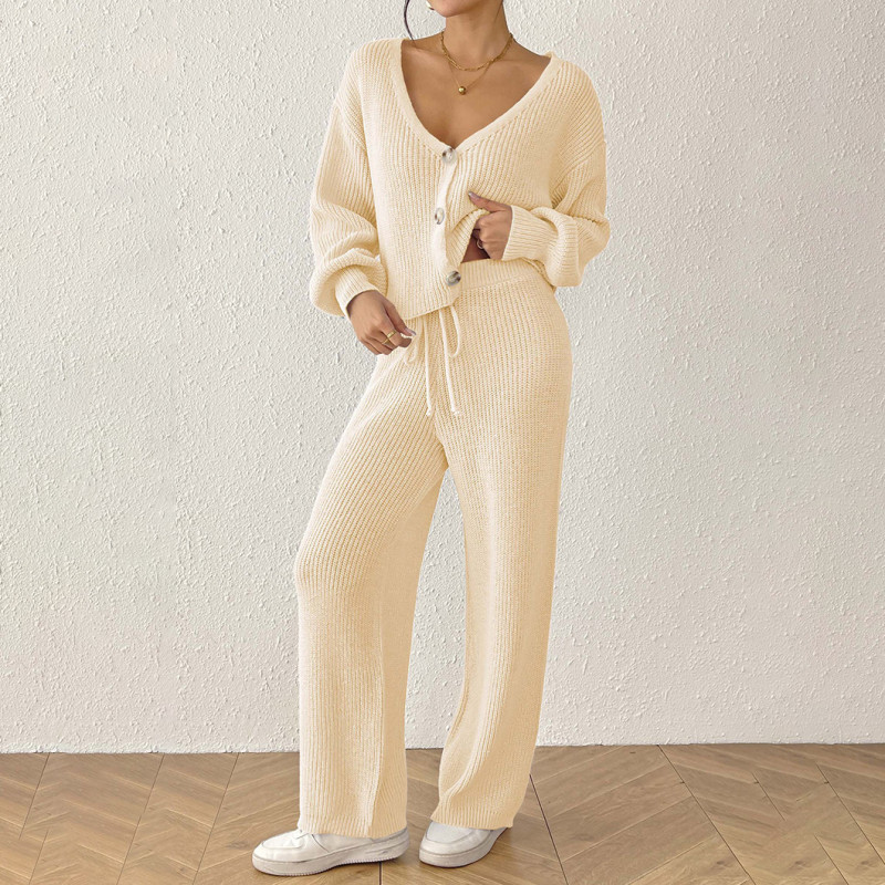 Solid color formal suit sweater loose cardigan straight-leg pants sweater casual knitted two-piece sweater