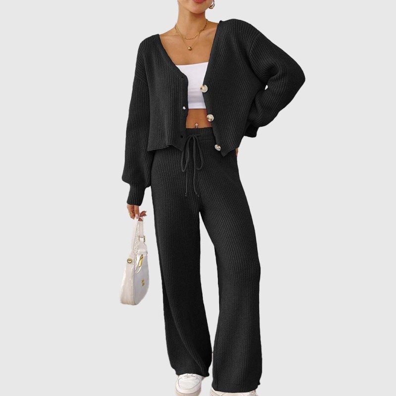 Solid color formal suit sweater loose cardigan straight-leg pants sweater casual knitted two-piece sweater