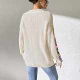 Autumn and winter hand-knitted flower-patterned patchwork sweater V-neck pullover sweater relaxed and casual sweater