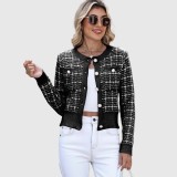 Plaid knitted cardigan sweater fashionable pearl-buttoned sweater short-sleeved casual sweater