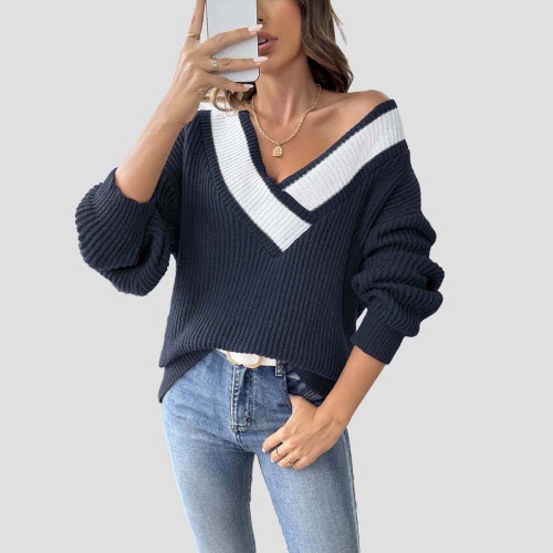 Color-blocked V-neck sweater woven sweater with a collar loose and casual sweater
