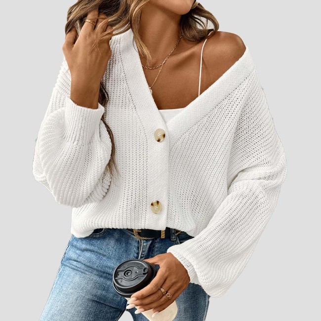 Simple short-sleeved button-down sweater woven sweater loose and casual sweater