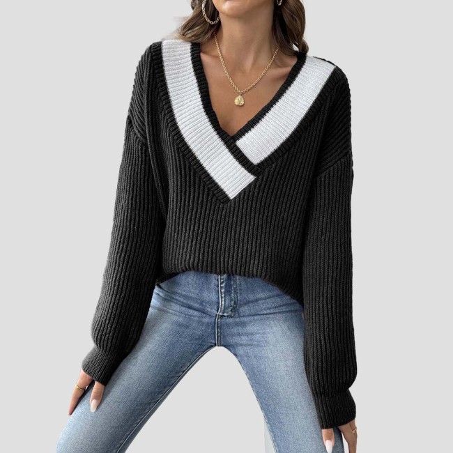 Color-blocked V-neck sweater woven sweater with a collar loose and casual sweater