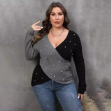 Pearl color-blocked knit sweater pullover color-blocked deep V cross-over sexy sweater fitted casual sweater