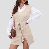 Winter and autumn style strap-front slit cardigan sweater woven jacket-style sweater loose and casual sweater