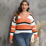 Big size V-neck pullover sweater color-blocked trendy sweater relaxed and casual sweater