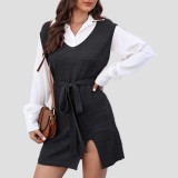 Winter and autumn style strap-front slit cardigan sweater woven jacket-style sweater loose and casual sweater