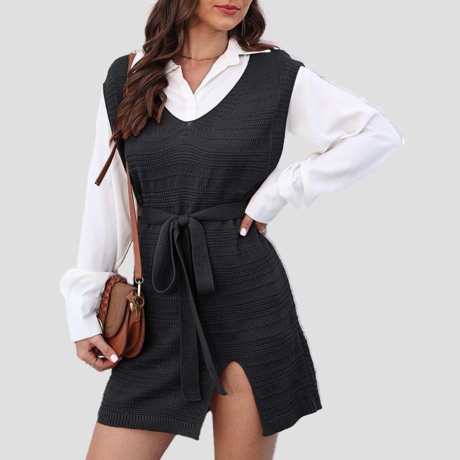 Winter and autumn style strap-front slit cardigan sweater woven jacket-style sweater loose and casual sweater