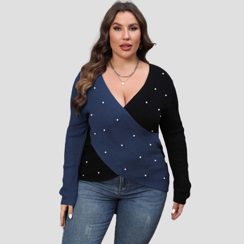 Pearl color-blocked knit sweater pullover color-blocked deep V cross-over sexy sweater fitted casual sweater